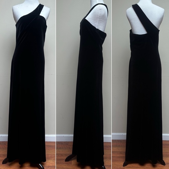 David Meister One Shoulder Black Velvet Gown Size 8 - Picture 1 of 11